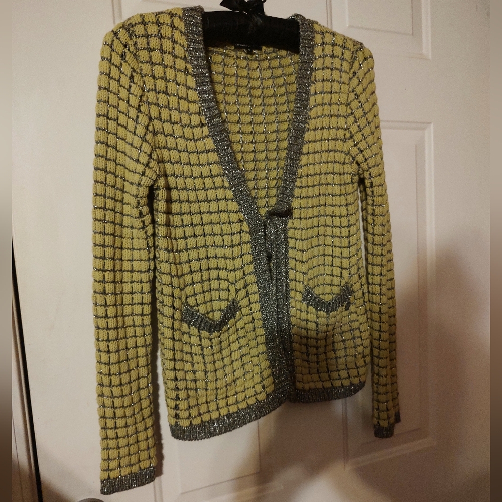 🌿🩶🌿 Gorgeous Chartreuse & Silver Metallic Open Weave Tie Cardigan - S - Picture 5 of 16